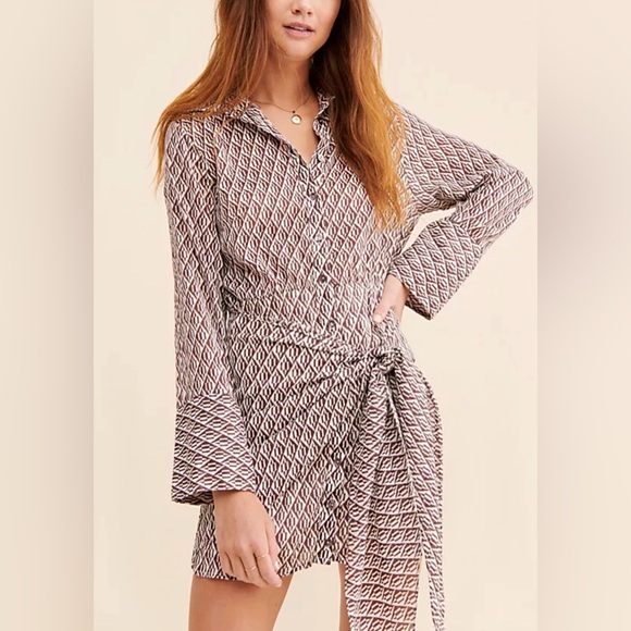 Free People Dresses & Skirts - Free People 100% Cotton Gauze Rillo Mini Shirtdress XS Boho Tie Waist Earth Tone